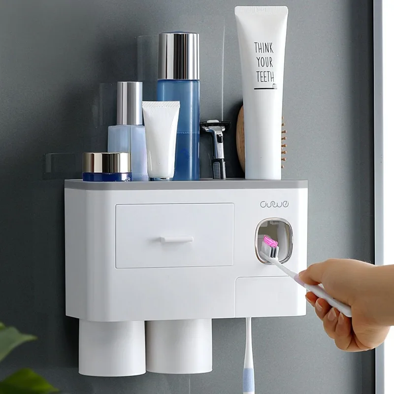 1set Bathroom Toothbrush Holder Wall Mounted Bathroom Storage Rack Double Automatic Toothpaste Dispenser with Cups