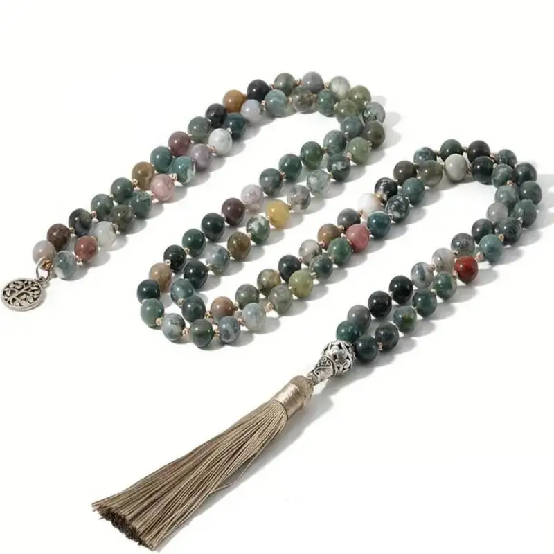 

Natural Moss Agate 108 Mala Beads Bracelet/Necklace with Rose Flower Pendant Boho Healing Crystal Jewelry