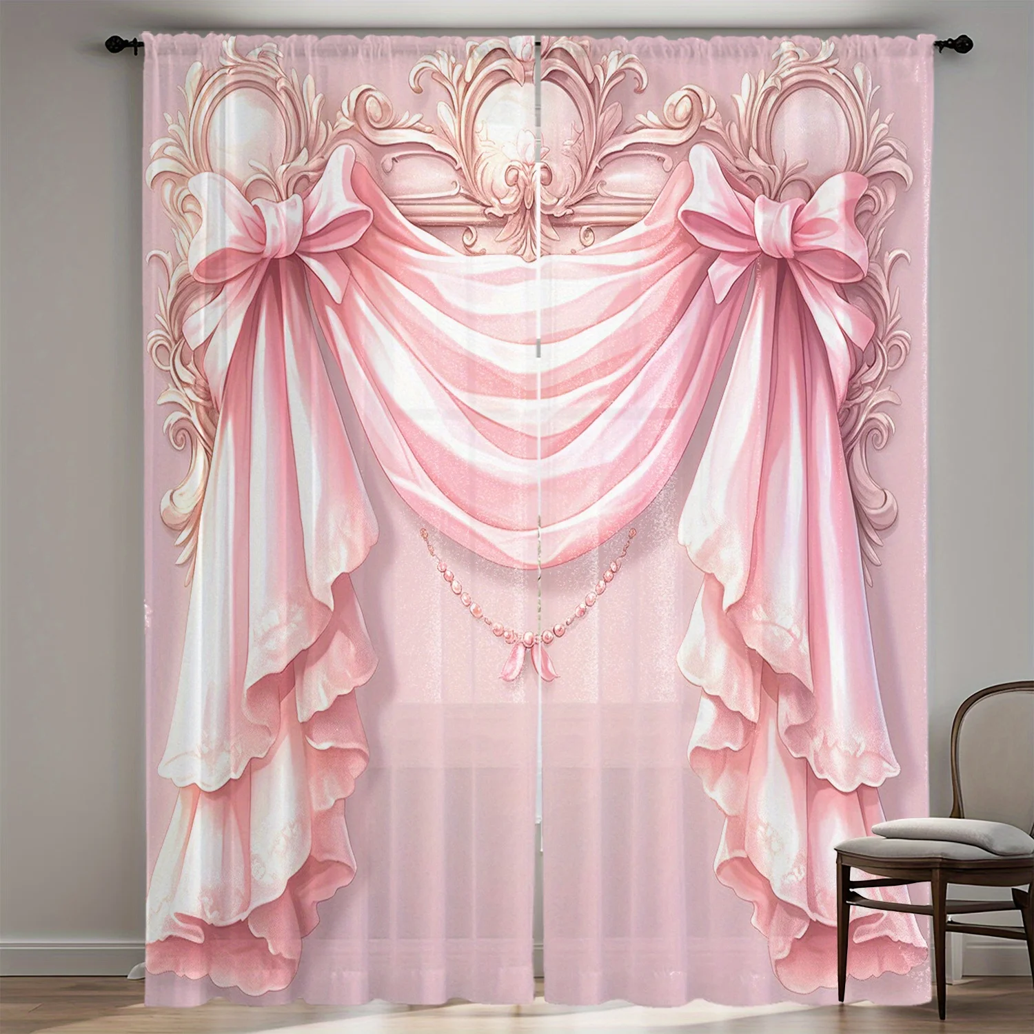 Pink Sheer Floral Curtains 2pcs, HD Digital Print Bow Design Lightweight Polyester Rod Pocket for Living Room Bedroom Decor