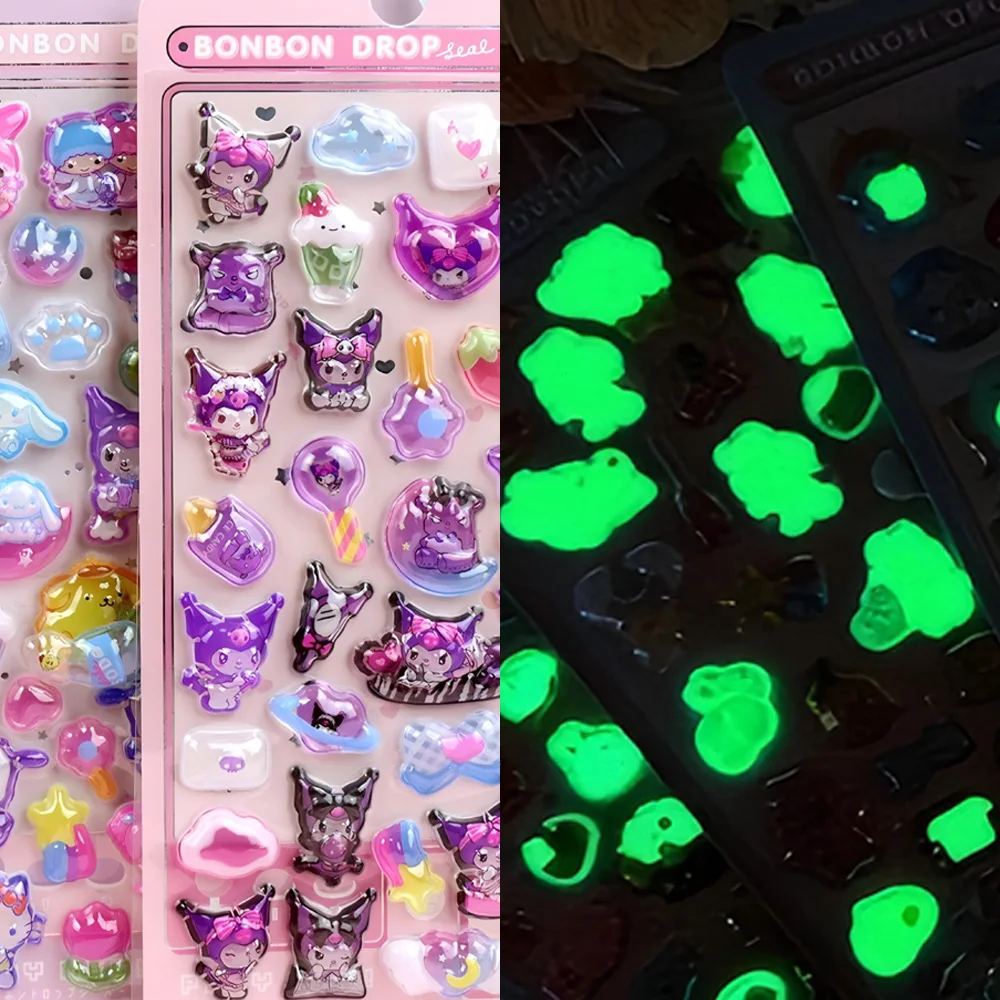 Świecące, urocze naklejki 3D Sanrio z efektem reliefu, kawaii dziewczynki Kuromi Cinnamoroll My Melody, kryształowe naklejki, zestawy naklejek do dekoracji dla dzieci.