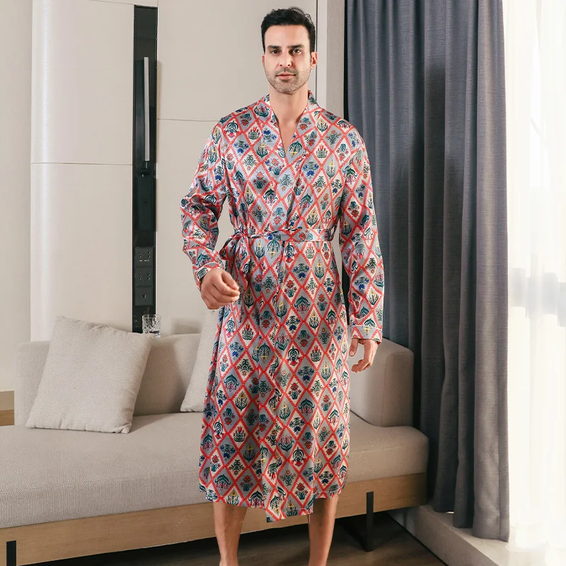 Pijama de seda de gran tamaño para hombre albornoces de manga larga estilo fino ropa de casa de verano, primavera y otoño