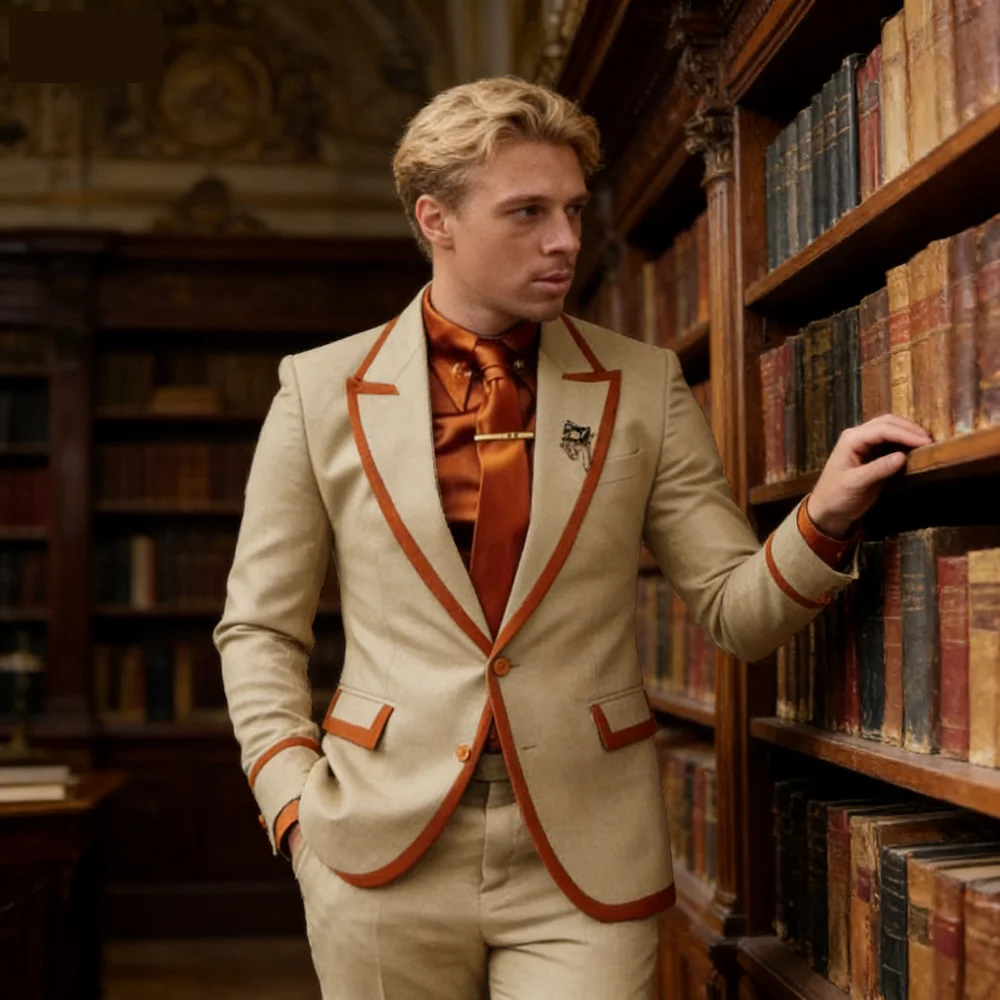 

Men's Casual Tailored Orange Ternos 2-Piece Set with Safari Collar Autumn Jacket And Pants Designer Business Wear