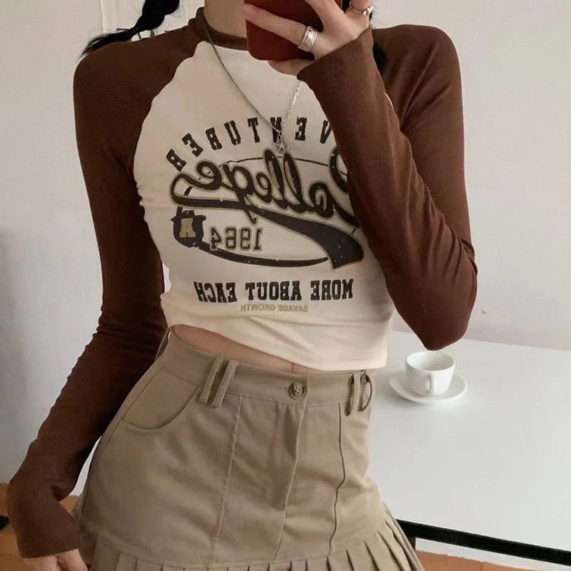 Women T-Shirt Y2K Trend Fall Korean Fashion Print Letter Cropped Tees Harajuku Casual Tight Sexy Long Sleeve Preppy Punk Tops