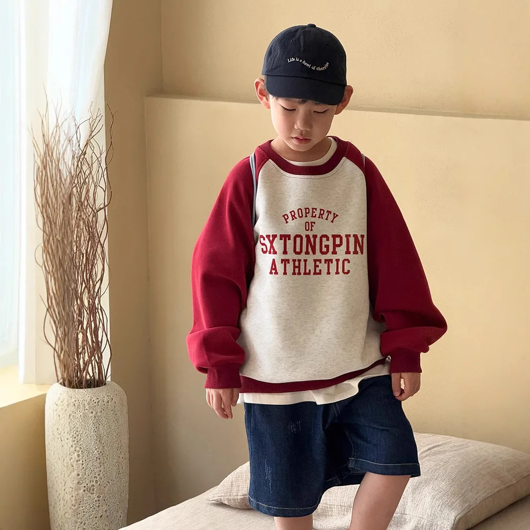 

2025 New Contrast Ralan Sleeve Sweatshirt Loose Crew Neck Stitched Letter Bottom Autumn Top