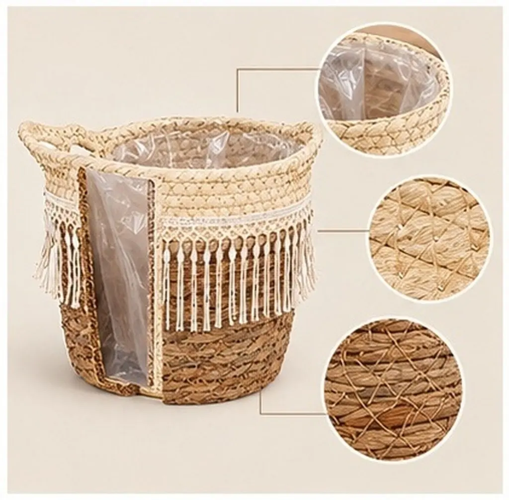 Woven Planter Basket Hand Woven Flower Container with Built-in Liner Tassel Decorative Plant Holder for Indoor Plant Storage