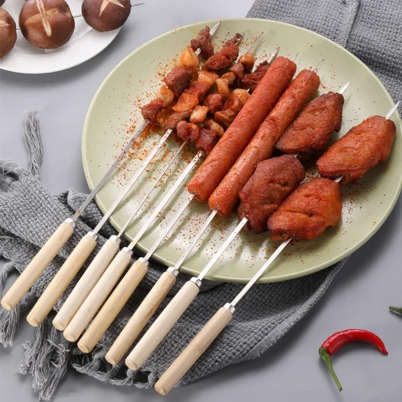 Wooden Handle Anti-scalding Barbecue Skewers Can Be Reused 304 Stainless Steel Metal Barbecue Skewers Wide Skewers