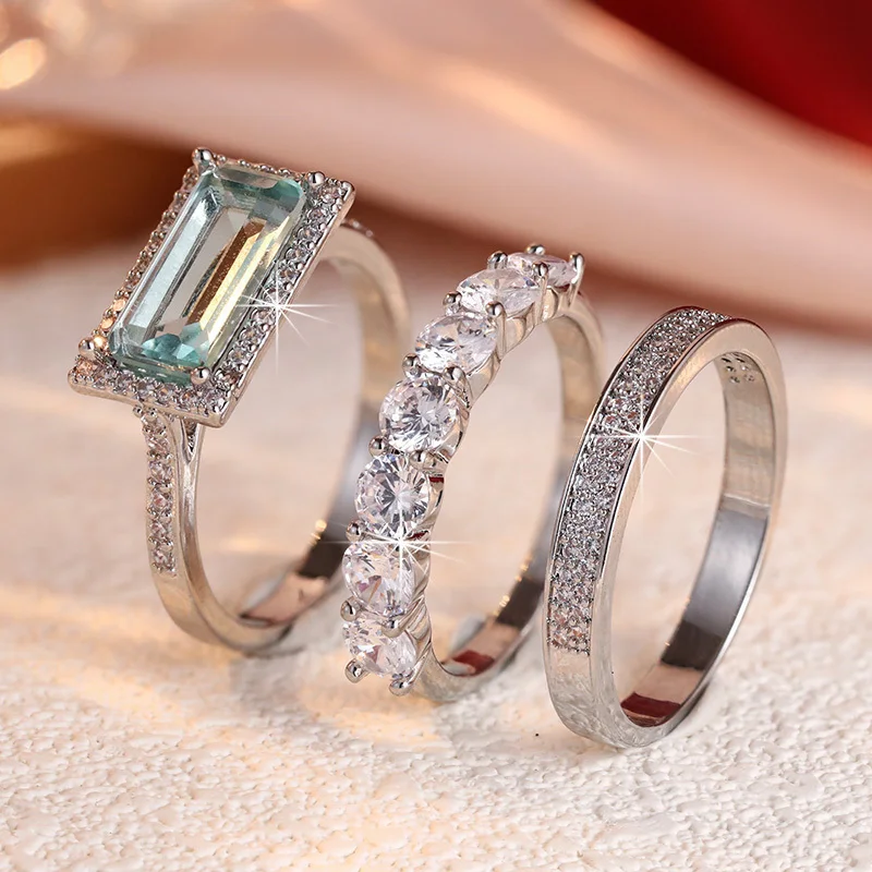 Retro Stapelring-Set 3-teilig Rechteckiger Hellblauer Ring Transparenter Kubischer Zirkonia Stapelring Damen Brautschmuck