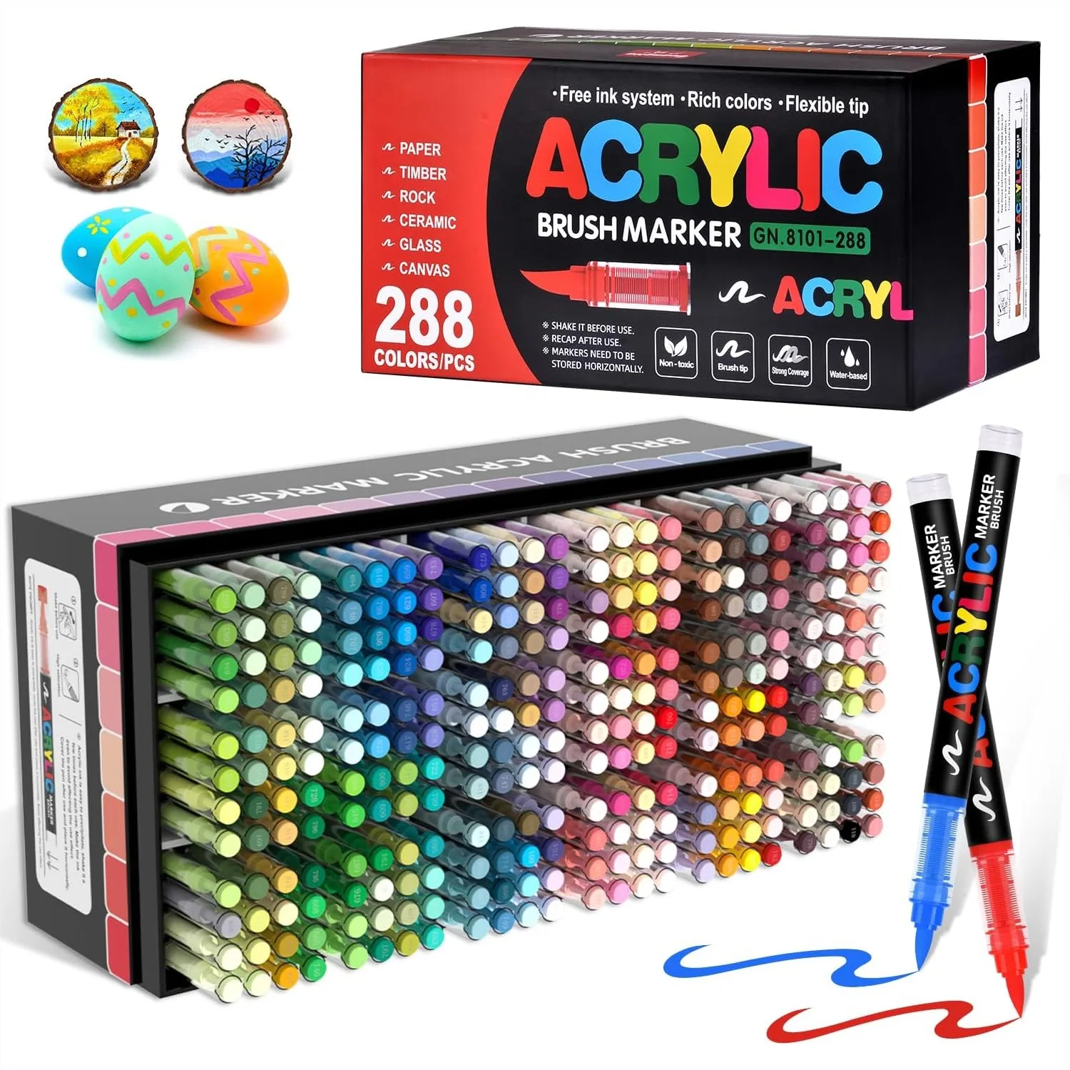 

288 Acrylic Paint Markers, Soft Brush Tip Pens, Direct-Liquid Ink Control for DIY Art on Fabric, Wood, Metal, Glass & Rock