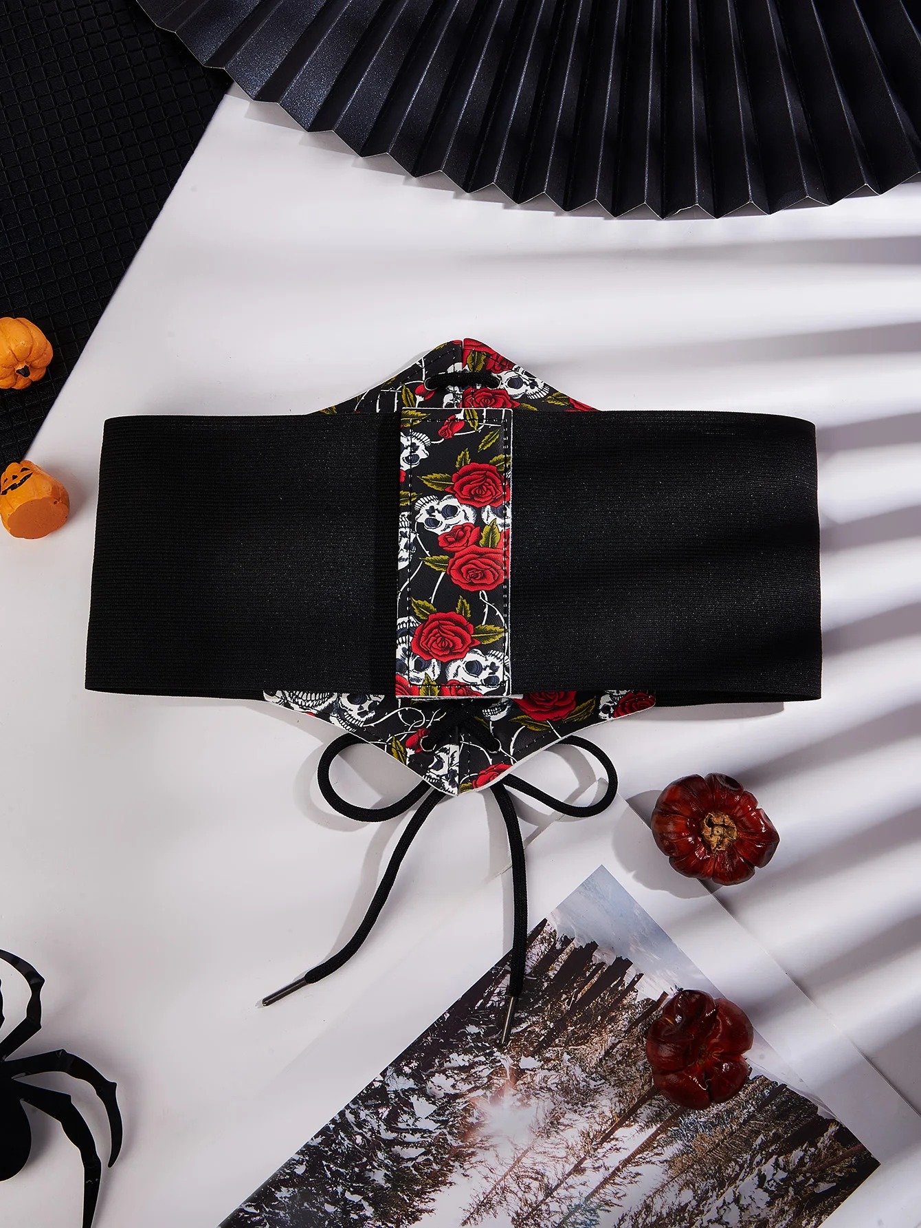 Preto PU Crânio Rosa Cinto para Mulheres Par com Vestidos Saias Jeans Adequado para Festas de Halloween Desgaste Diário