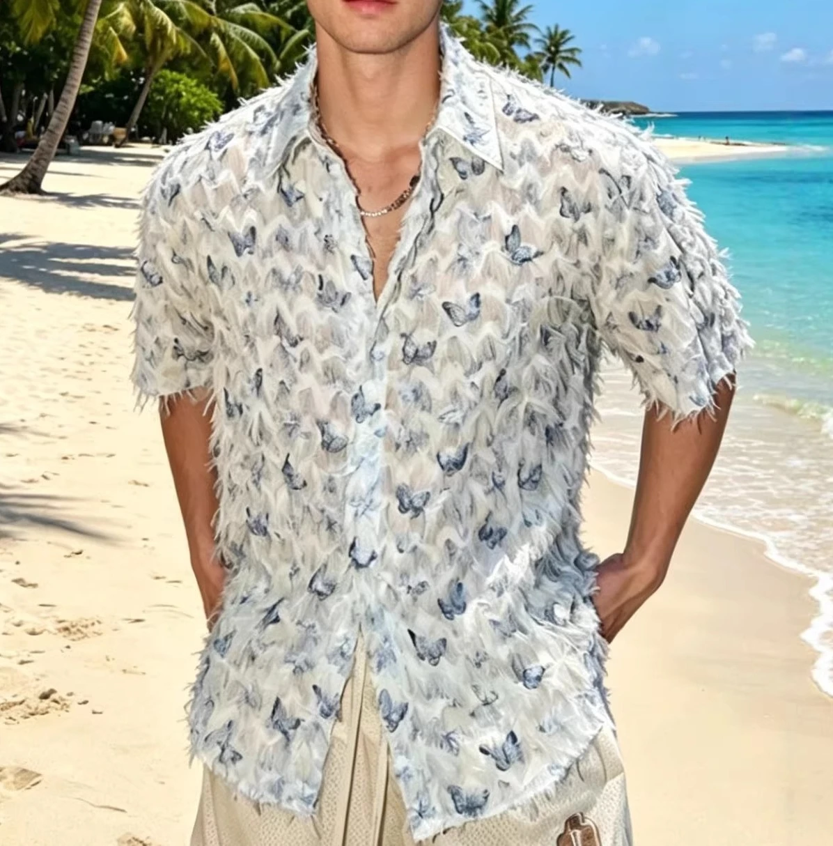 Niche Micro-transparent Butterfly Short-sleeved Shirt T-shirt Men's 2026 Summer New Seaside Vacation Style