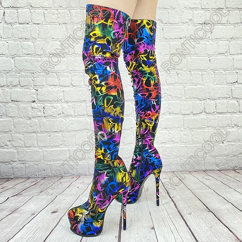 

Ronticool/женские ботинки до бедра на платформе, зимние ботинки на шпильке с боковой молнией и круглым носком, красивые разноцветные клубные туфли, размер США 5-13