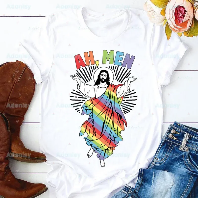 LGBT Jesus Funny Print T-shirts Summer Rainbow Pride Graphic Shirts Woman Lesbians Gay Bisexuals Tshirts Crew Neck Harajuku