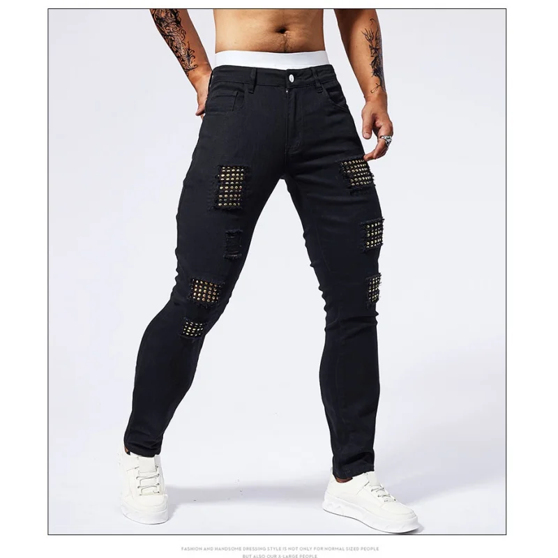 2024 New Summer Muscle Jeans, Men's Elastic Slim Fit, Perforated Patch, Street Fashion, Black Tight Pants