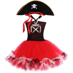 Fluffy Black Red Pirate Costumes for Girls Halloween Christmas Princess Dresses for Kids New Year Carnival Party Outfit with Hat