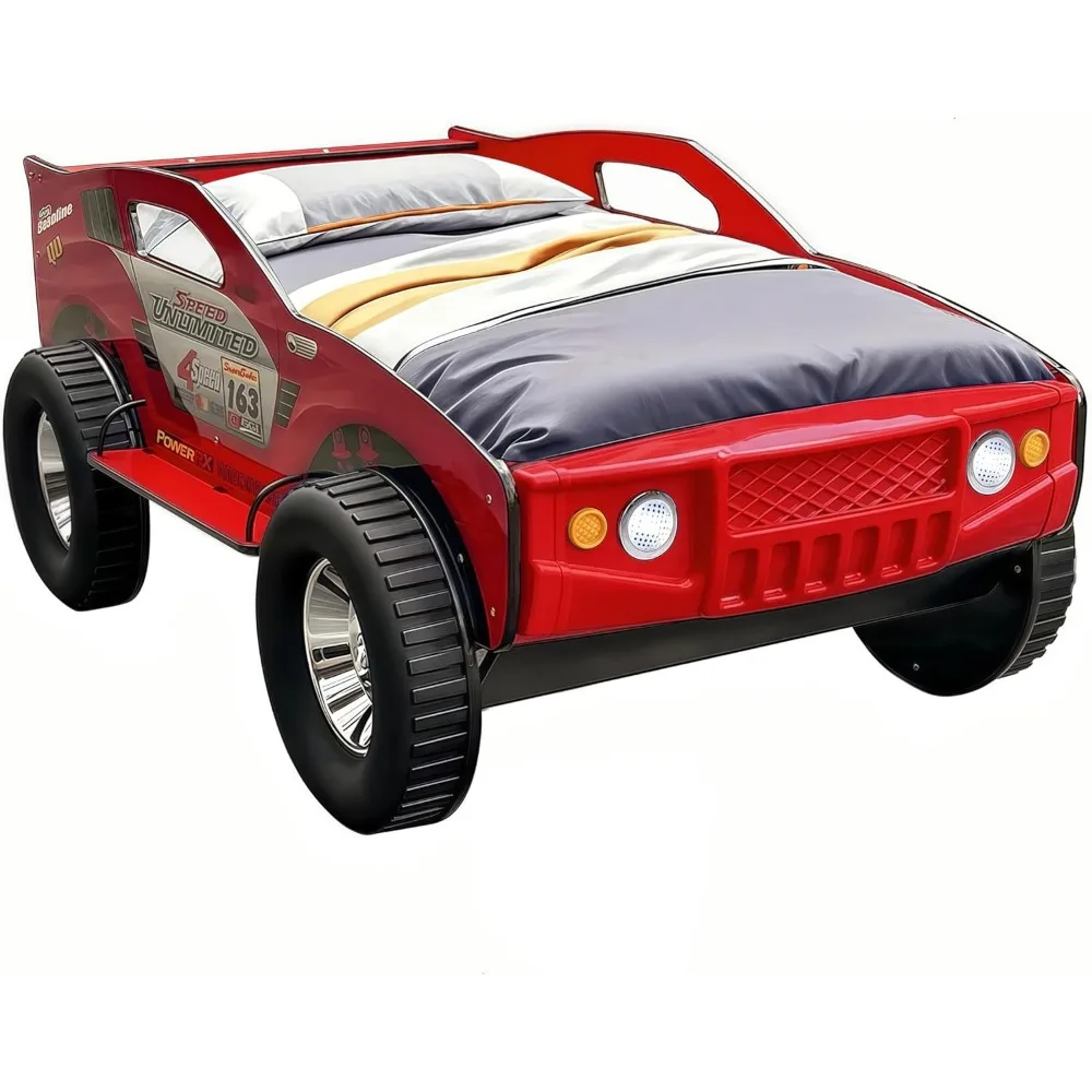Twin Size Bed Frame for Kids, Race Car-Shaped Wooden Platform Bed with Wheels and Support Slats for Boys