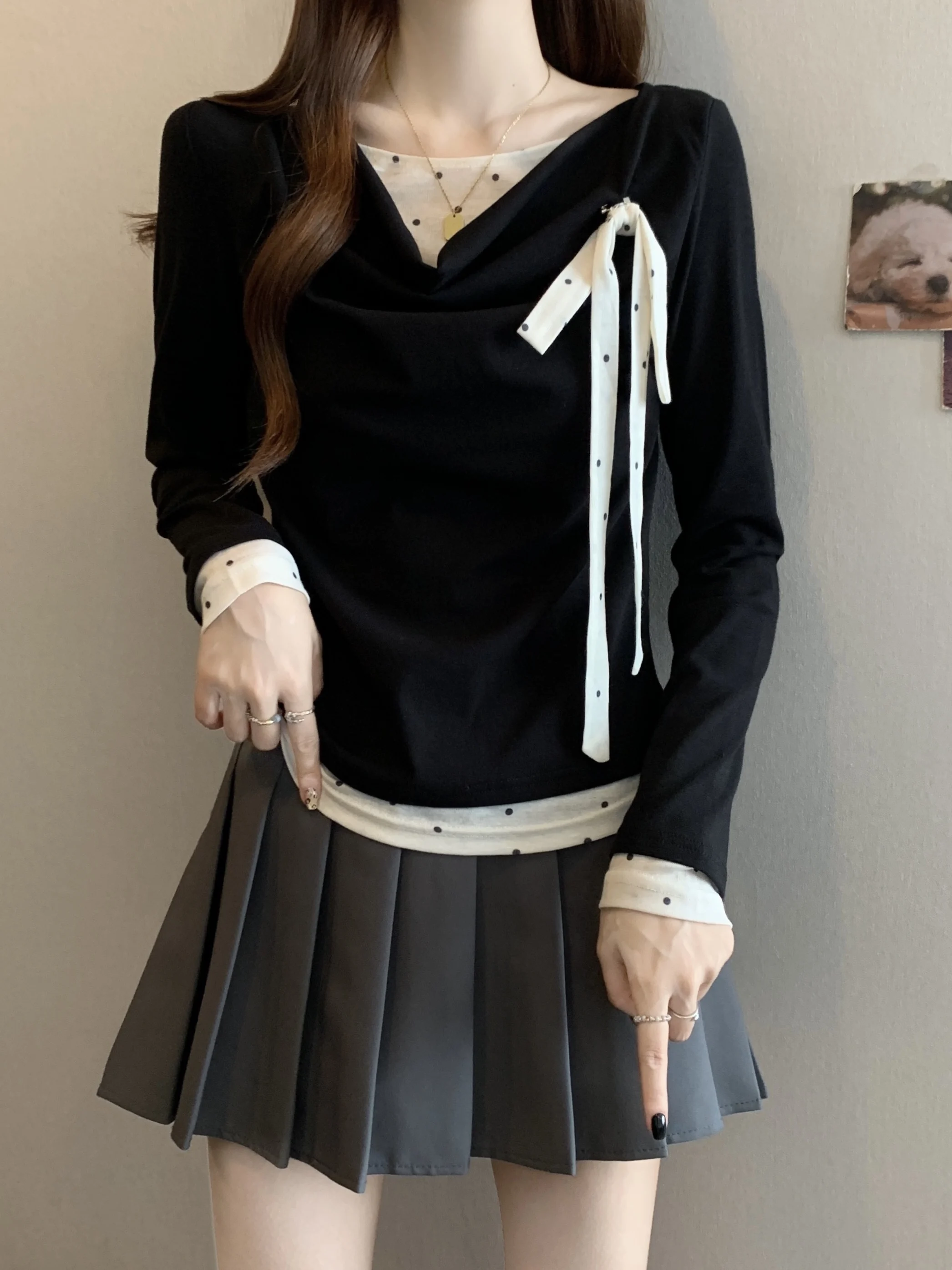 

Ele plus Size Bla Long Sve T-irt Women's Polka Dot Belly Cover up Commute Top Fake Two-Piece A-Line Skirt