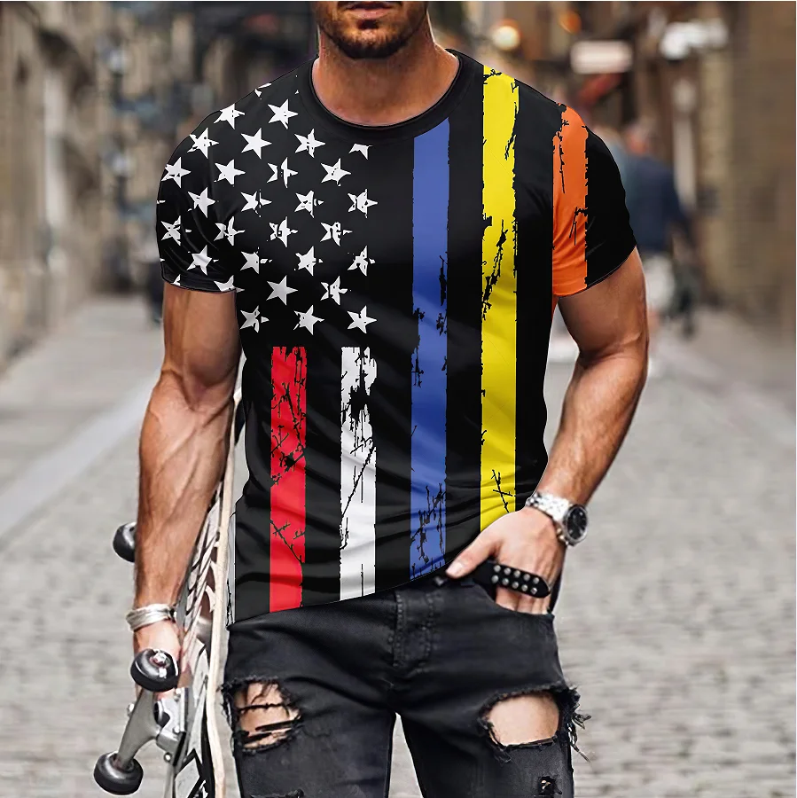 Men\'s Flag 3D Pattern Short Sleeve T-shirt Summer Casual Pullover Men\'s Fashion Loose Sleeve Top