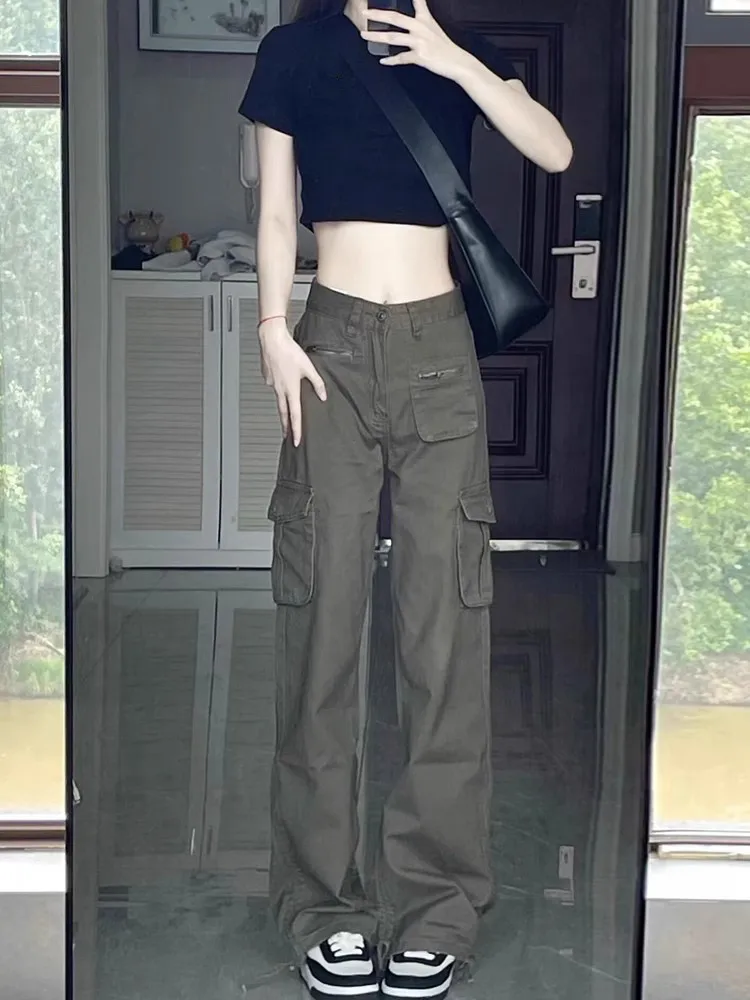 

American Retro Military Green Workwear Straight Leg Jeans Women's High Waist Slimming Tall Extended Floor-Length Pants