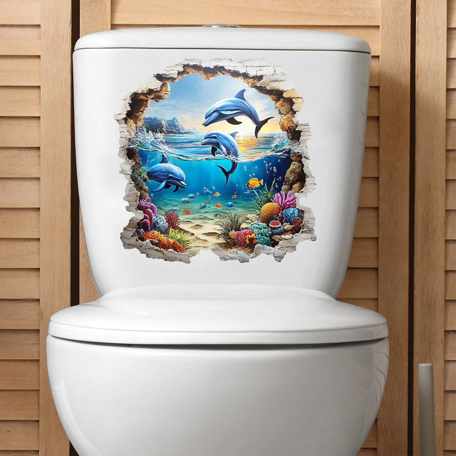 Creative Breakthrough Dolphin Wall Decals 3D Illusion Waterproof Peel and Stick Stickers for Bathroom Toilet Shower Wall Home