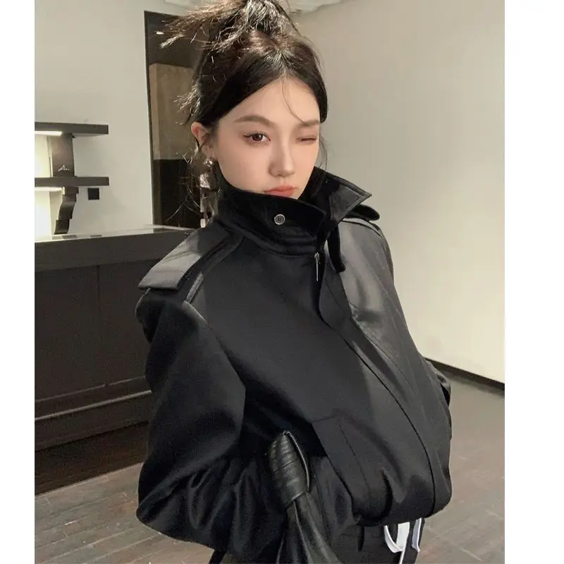 French Hepburn Retro Stand Up Collar Wide Shoulder Jacket for Women's Spring and Autumn New Short Casual Coat Top Trend