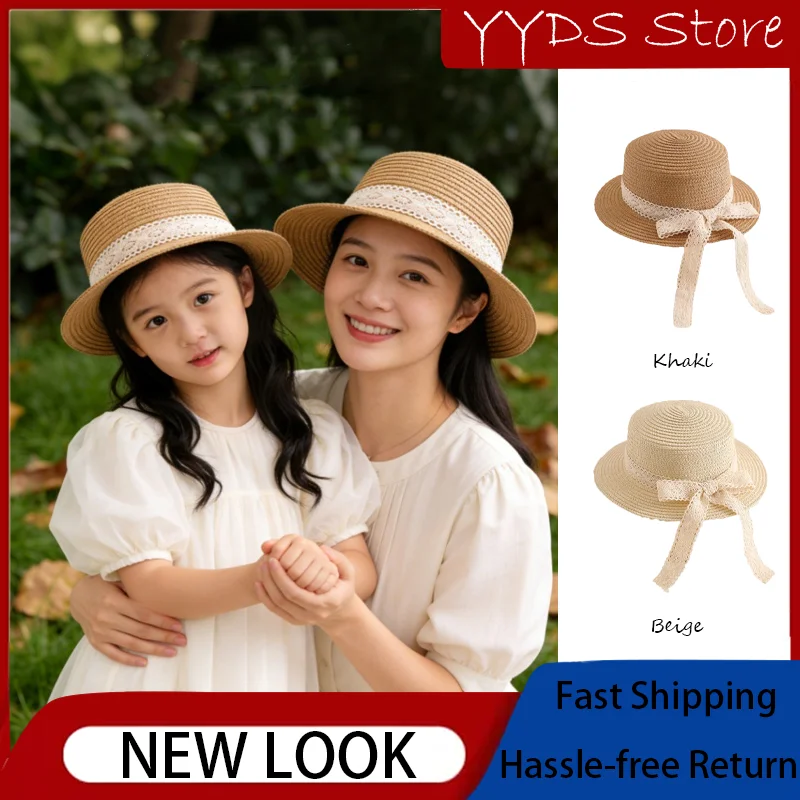 Summer Lace Bow Wide Brim Sun Hat UV Protection Parent-child Cap for Girls Kids Beach Travel Outdoor Wear
