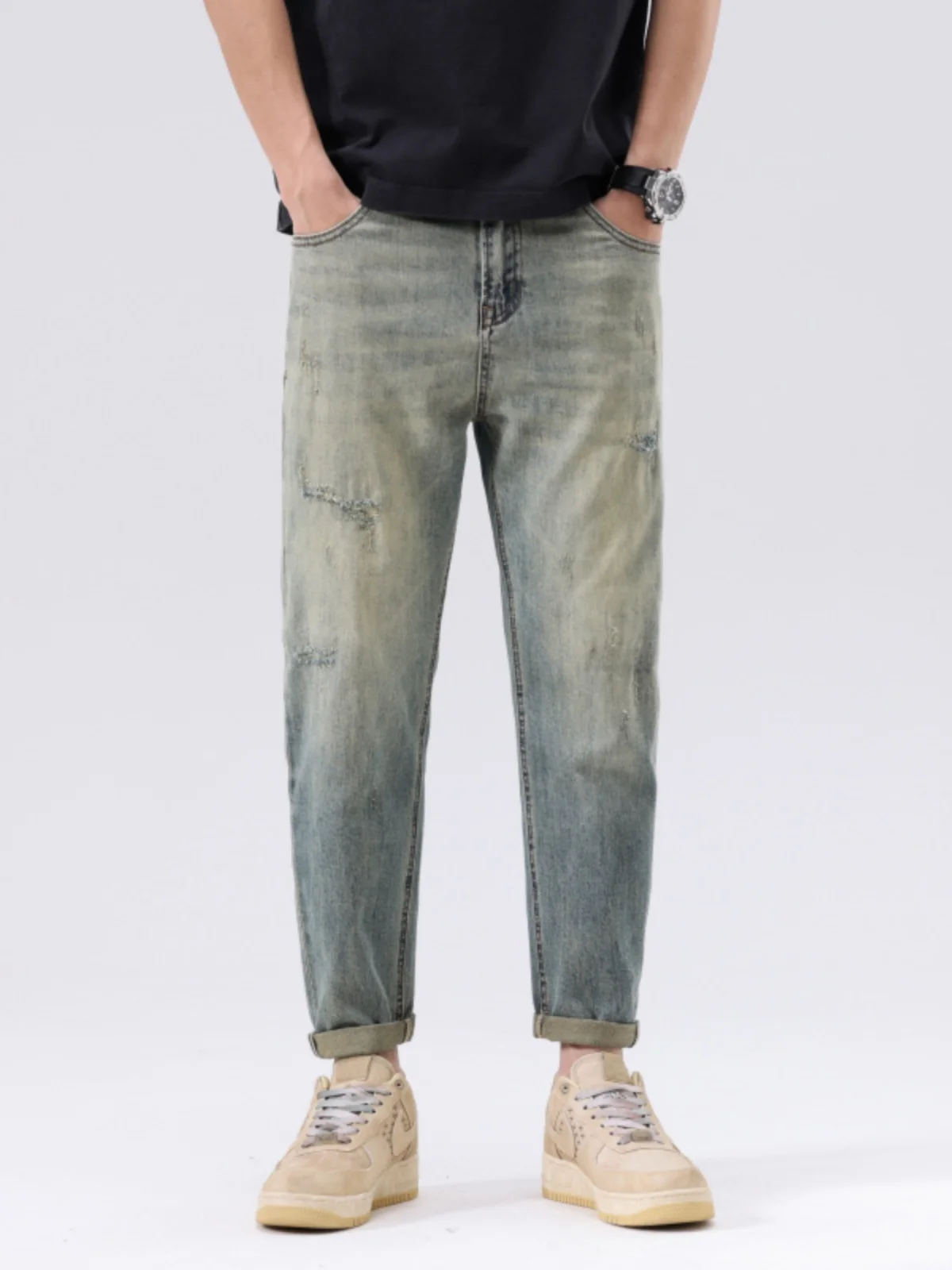 

High-End Vintage Men's Distressed Straight Leg Jeans Nine-Piece Loose Fit American Style Casual Long Pants Summer New Arrival