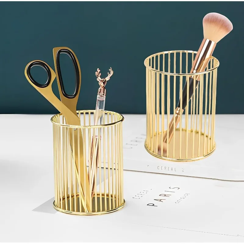 Golden Iron Round Makeup Brush Holder, Desktop Cosmetic Storage Cylinder