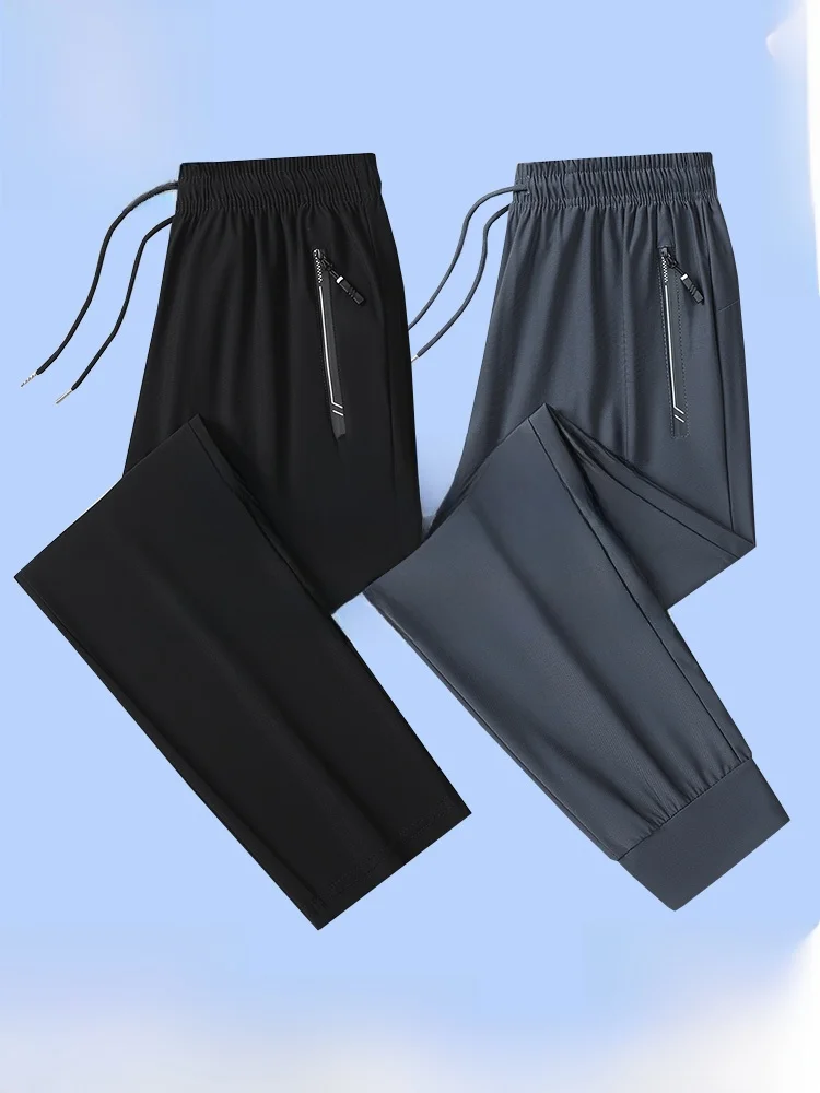 

Ice Silk Men's Casual Pants Summer Thin Straight Loose Qui Dry Sport Long Trousers High Waist Elastic Waisand High Elasti...