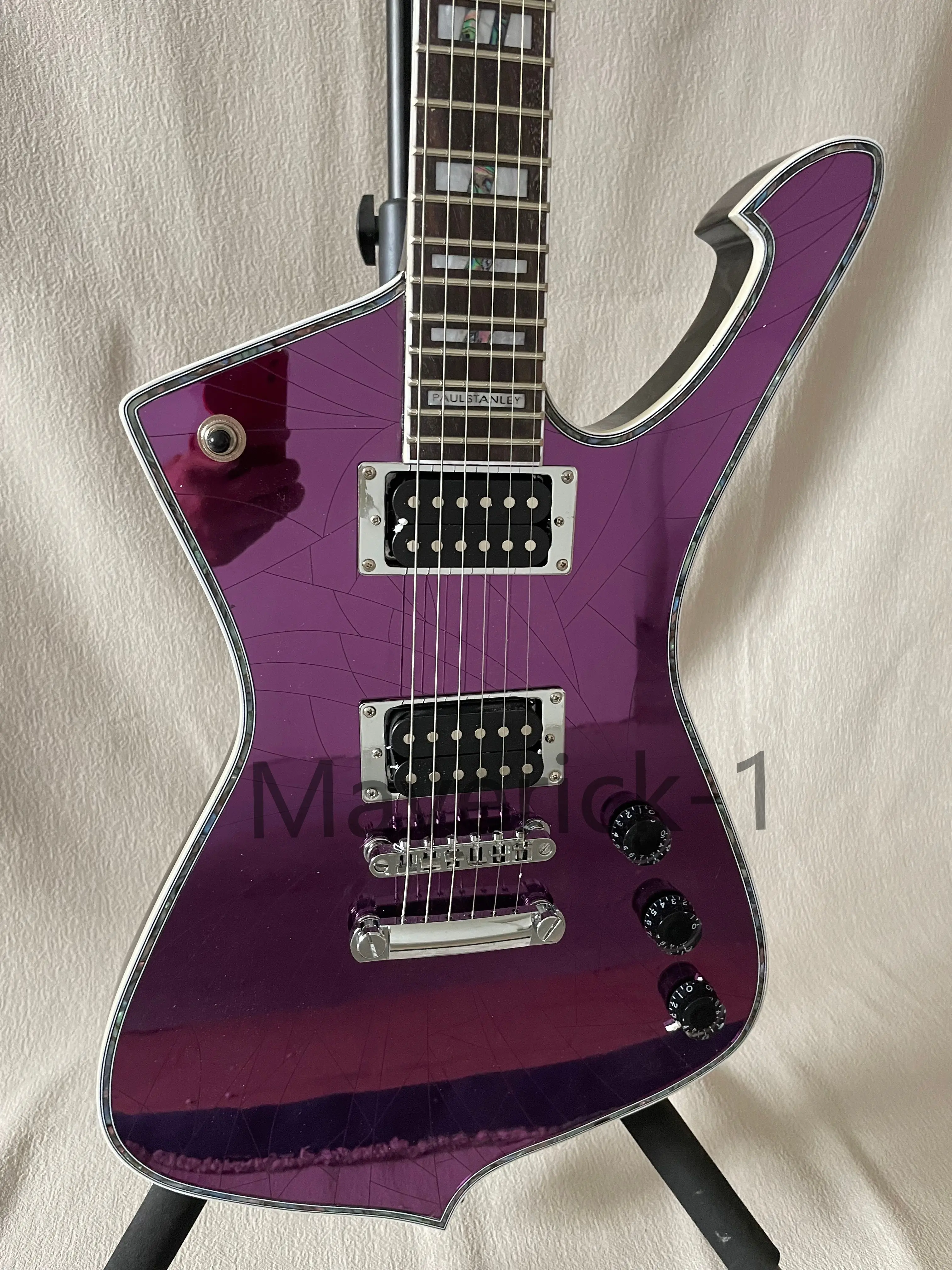 Espejo púrpura Iceman Paul Stanley uso estilo guitarra eléctrica golpeador abulón cuerpo vinculante Hardware cromado