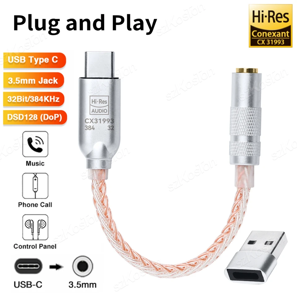 USB Type C to 3.5mm Audio Adapter CX31993 Chip 32b/384kHz DAC HiFi