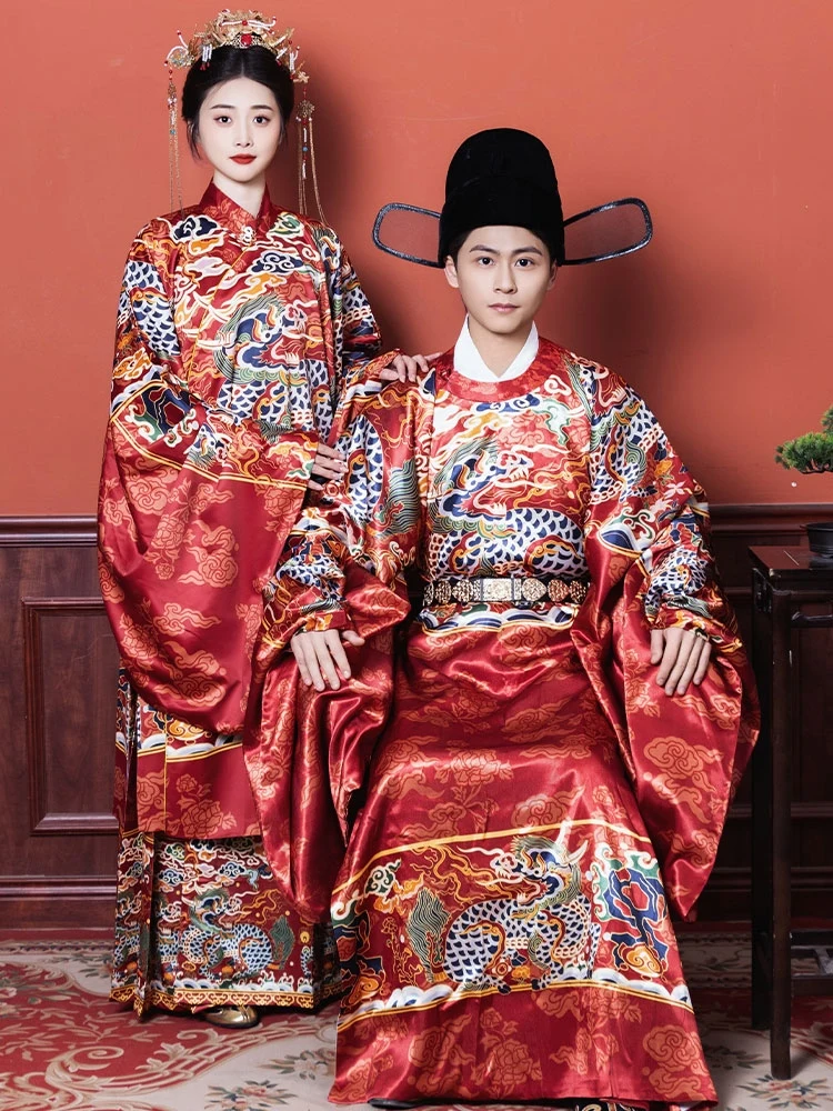 

Original Ming Style Standing Collar Round Necked Robe Wedding Dress Embroidery Red Hanfu Dress Men Women Hanfu Costumes DQL8929