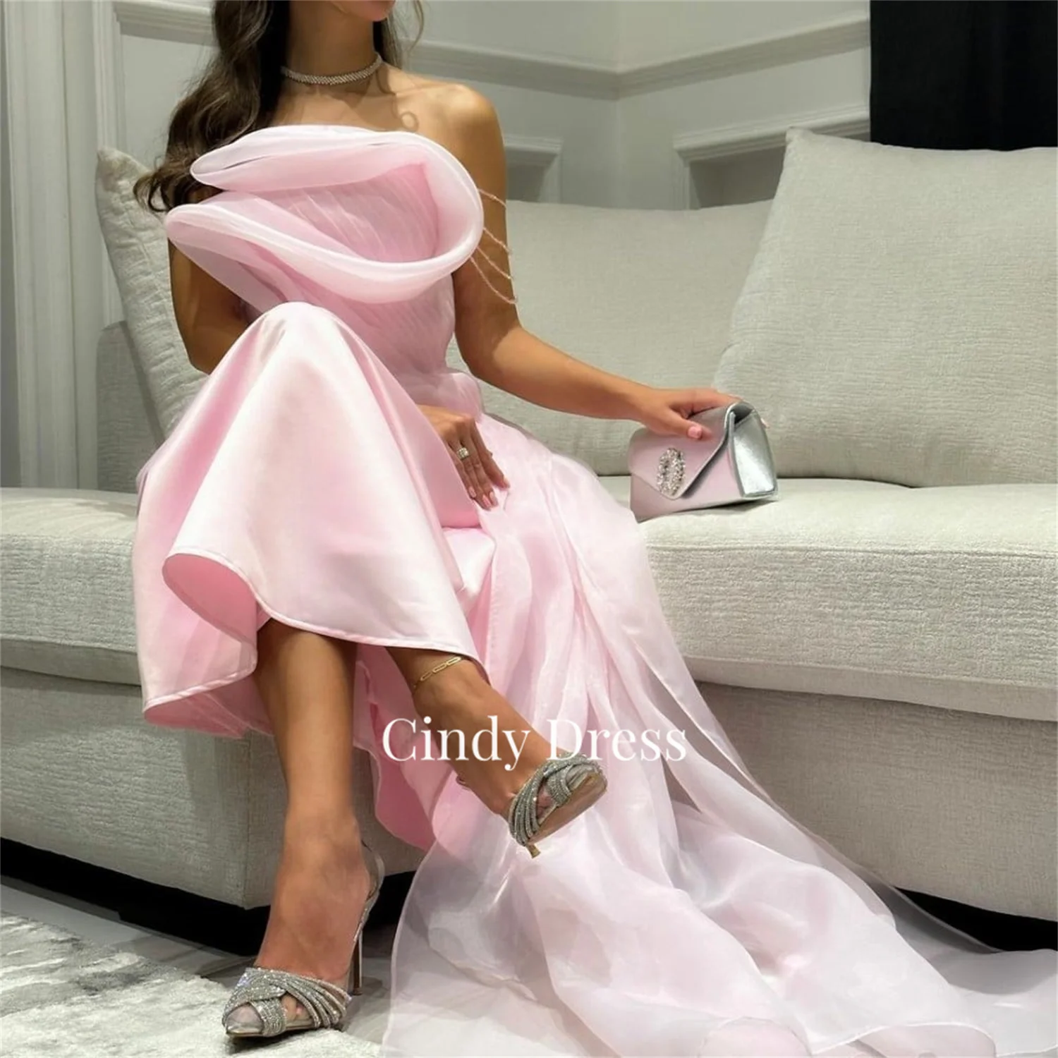 Feminino Cindy Flowers Organza Pink Prom Dress, Elegante vestido de festa, Manga comprida, Vestidos de baile, Formal, 2024