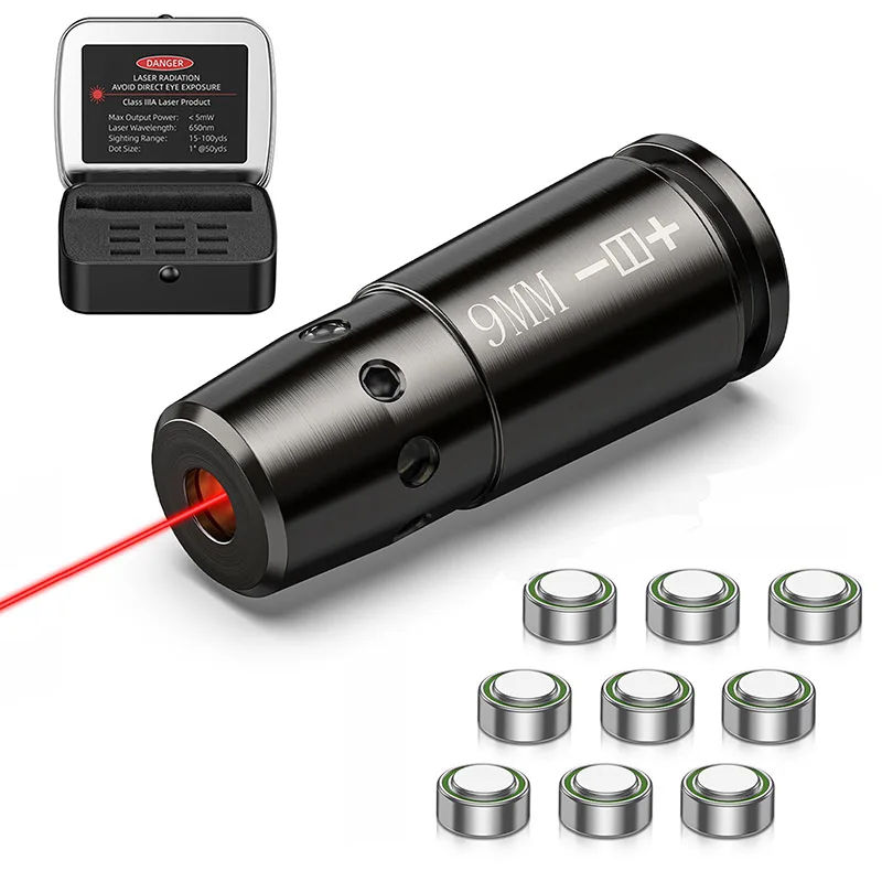 Calibrateur laser 9 mm avec 9 piles de rechange, haute précision, accessoire d'étalonnage laser rouge pour un zéro rapide du viseur, chasse