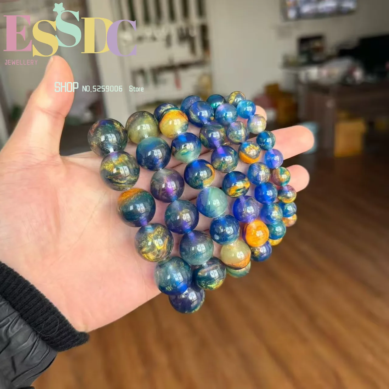 Amber beeswax blue porcelain Tianxuan round bead bracelet blue luminous sand single circle men's and women's bracelet jewelry