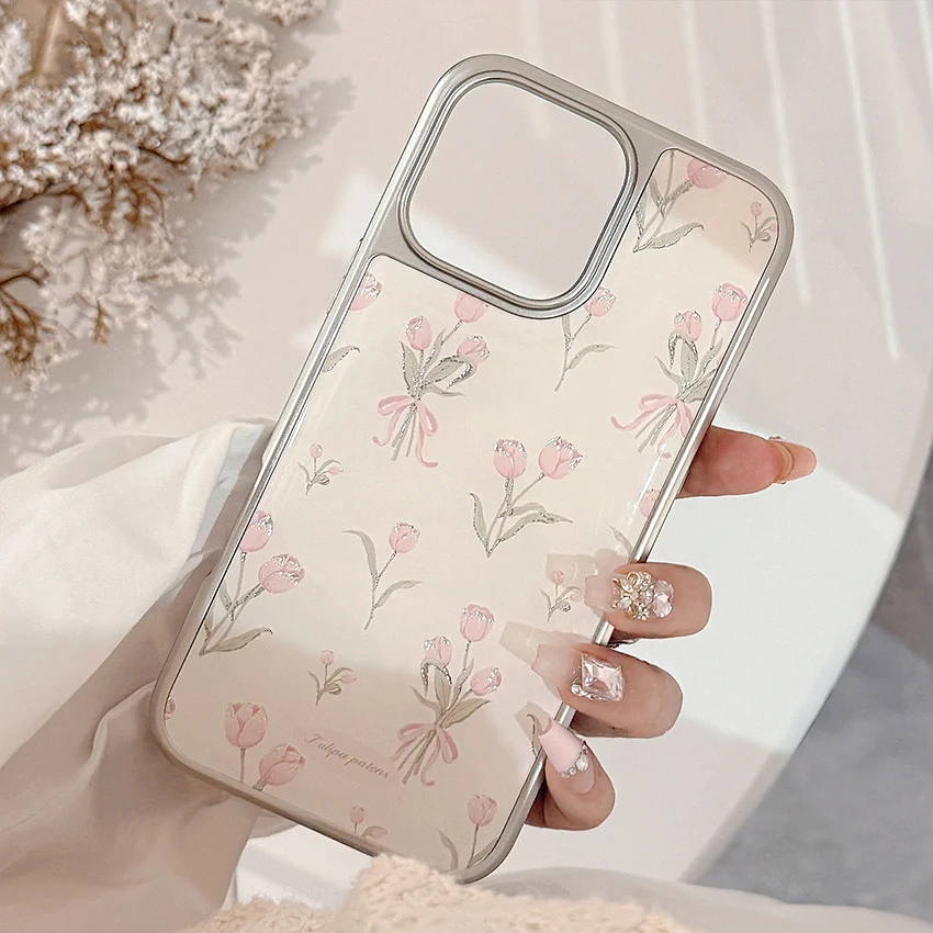 핑크 튤립 폰 케이스 아이폰 16 15 14 13 프로 12 11 맥스 플러스 16프로 전기 도금 폰 케이스 창의적인 15프로 커버 하드 쉘