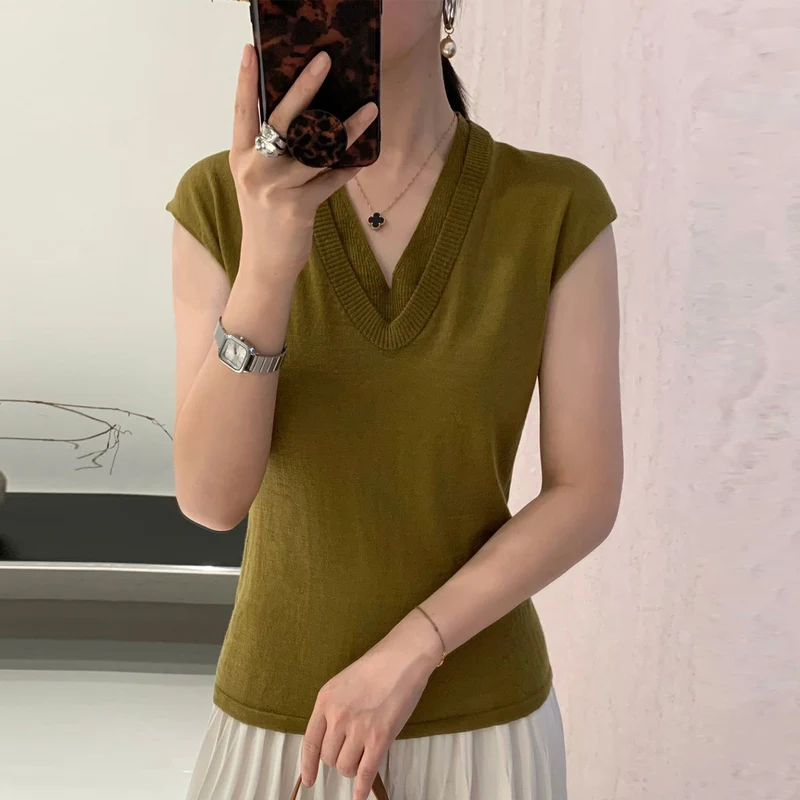 

Spring Summer Women Double V-Neck Short Sleeve Pullover Slim Vest 100% Wool Knitwear Fine-spun Machine Washable Wool Top