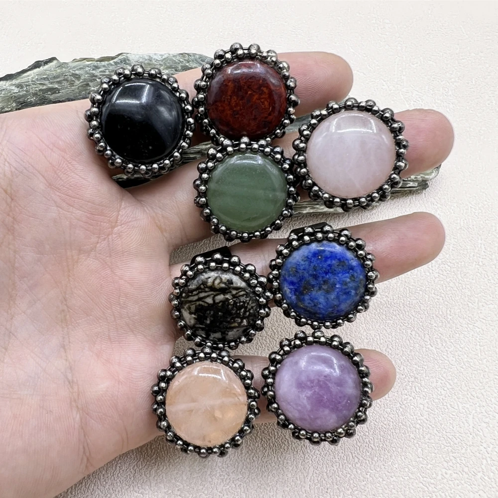 10PCS Large Round Natural Gems Stone Lapis Green Aventurine Rose Quartzs Crystal Vintage Adjustavle Rings For Women Gothic Witch