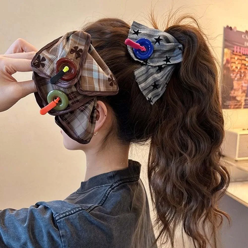 

Creative Sweet Plaid Cloth Hair Claw Funny Bow Acrylic Canvas Claw Clip Retro Cat Cartoon Animal Shark Clip Daily