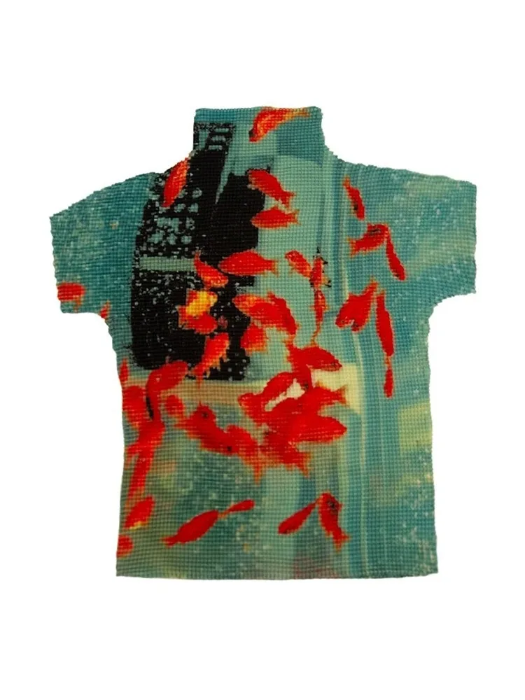 Y2k Harajuku print semi high neck short sleeved knitted sweater High street women's colorful painting slim fit hot girl T-shirts