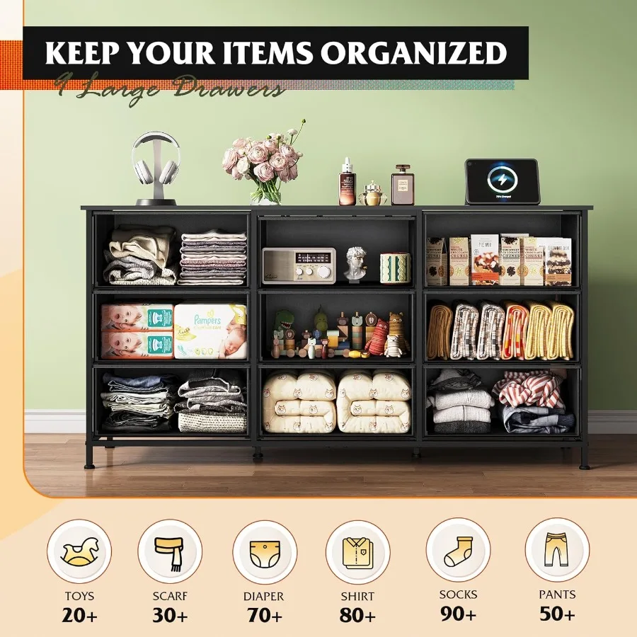 Cômoda preta para quarto, 54 polegadas, suporte de tv para tv de 55 60 65 polegadas, cômoda larga com 9 gavetas, grande entretenimento c