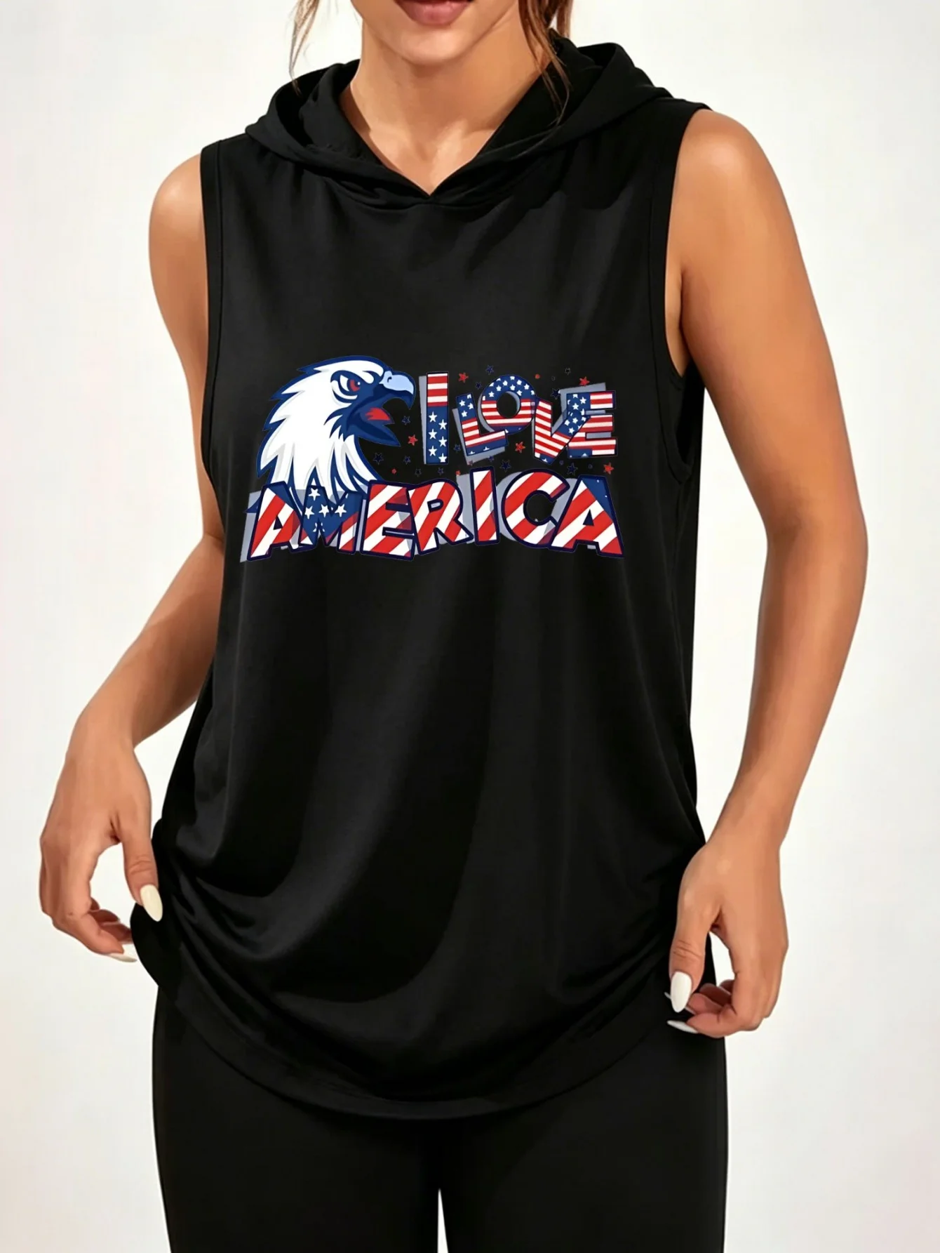 Unisex I Love America Eagle USA Flag Print Sleeveless Hooded Tank Top Independence Day Patriotic Casual Hood Vest