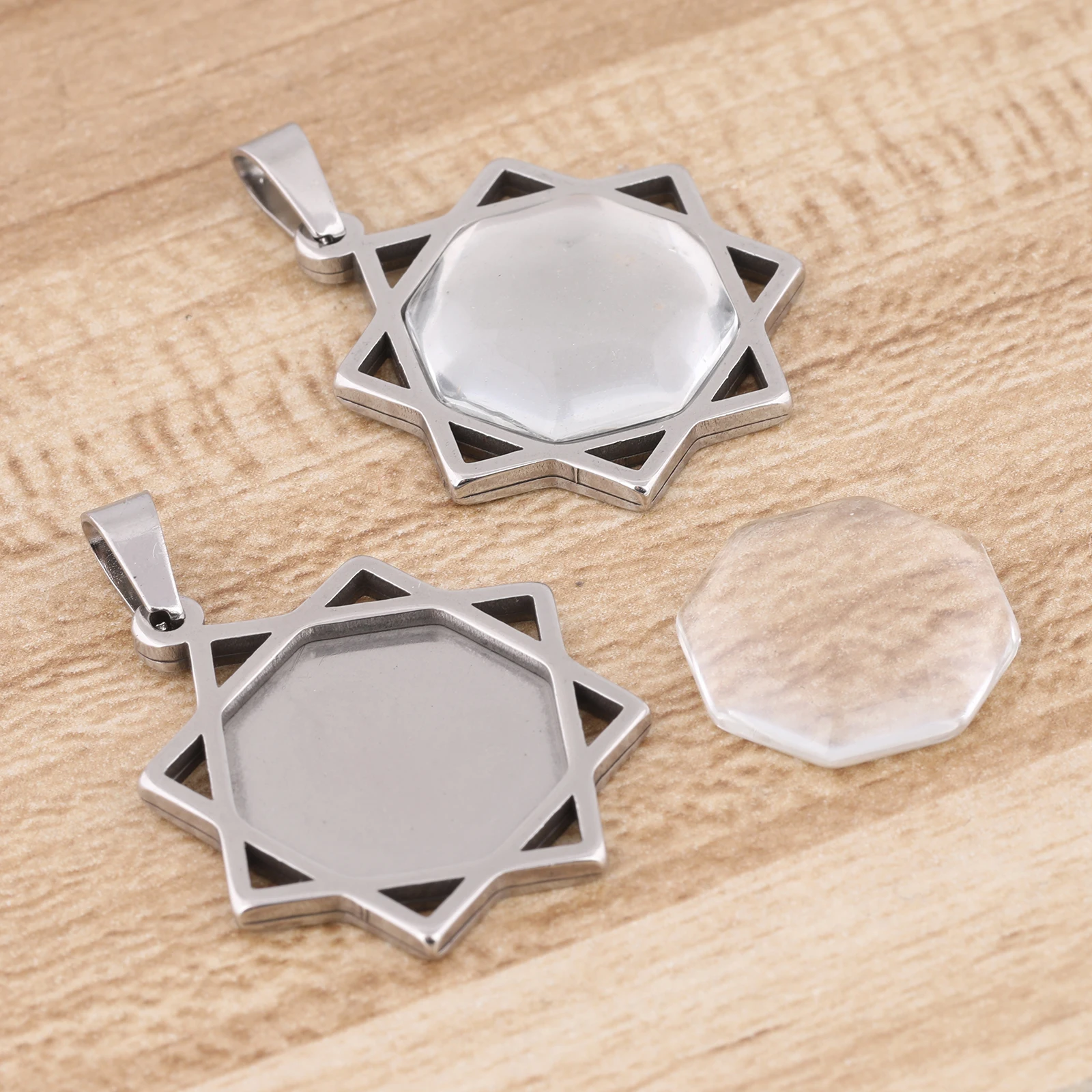 5pcs Stainless Steel 20mm Hexagon Cabochon Base Settings Diy Bezel Pendant Trays With Matching Glass For Necklace Jewelry Making