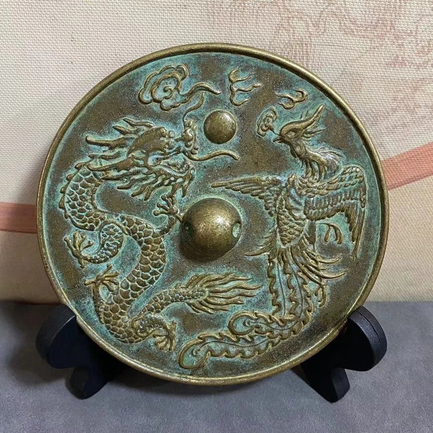 

Retro copper casting bronze mirror, small Huai bride dragon and phoenix body protection mirror, wedding round handicrafts