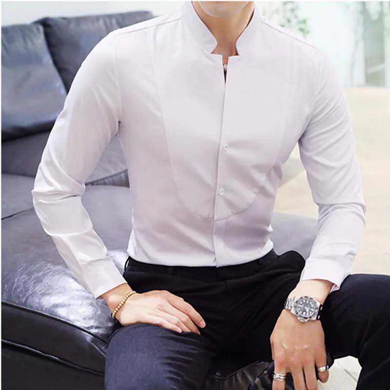 New Men Business Standing Collar Long Sleeved Shirt Black White Male Wedding Party Dress Top Slim Fit Patchwork Clothing Homme