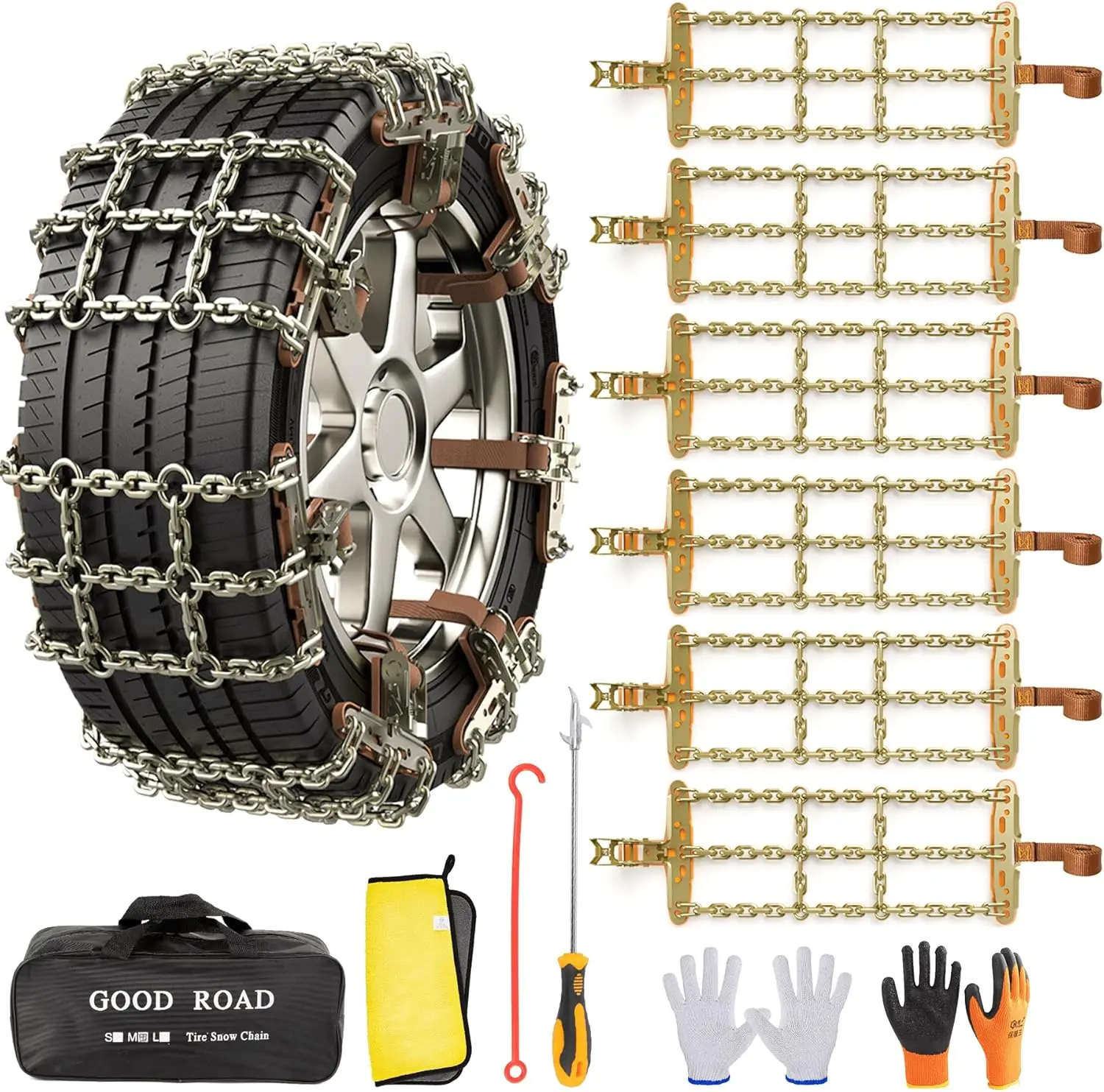 

Emergency Snow Chains, Thickened Manganese Steel for Car Truck SUV in Ice Sand Mud (6 Packs, 235-285mm)