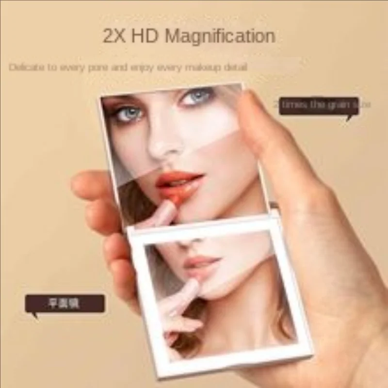 Portable Square Folding LED Makeup Mirror2Sided1x/2xMagnificationBattery Powered Vanity MirrorwithEdgeLightGiftLogoCustomization