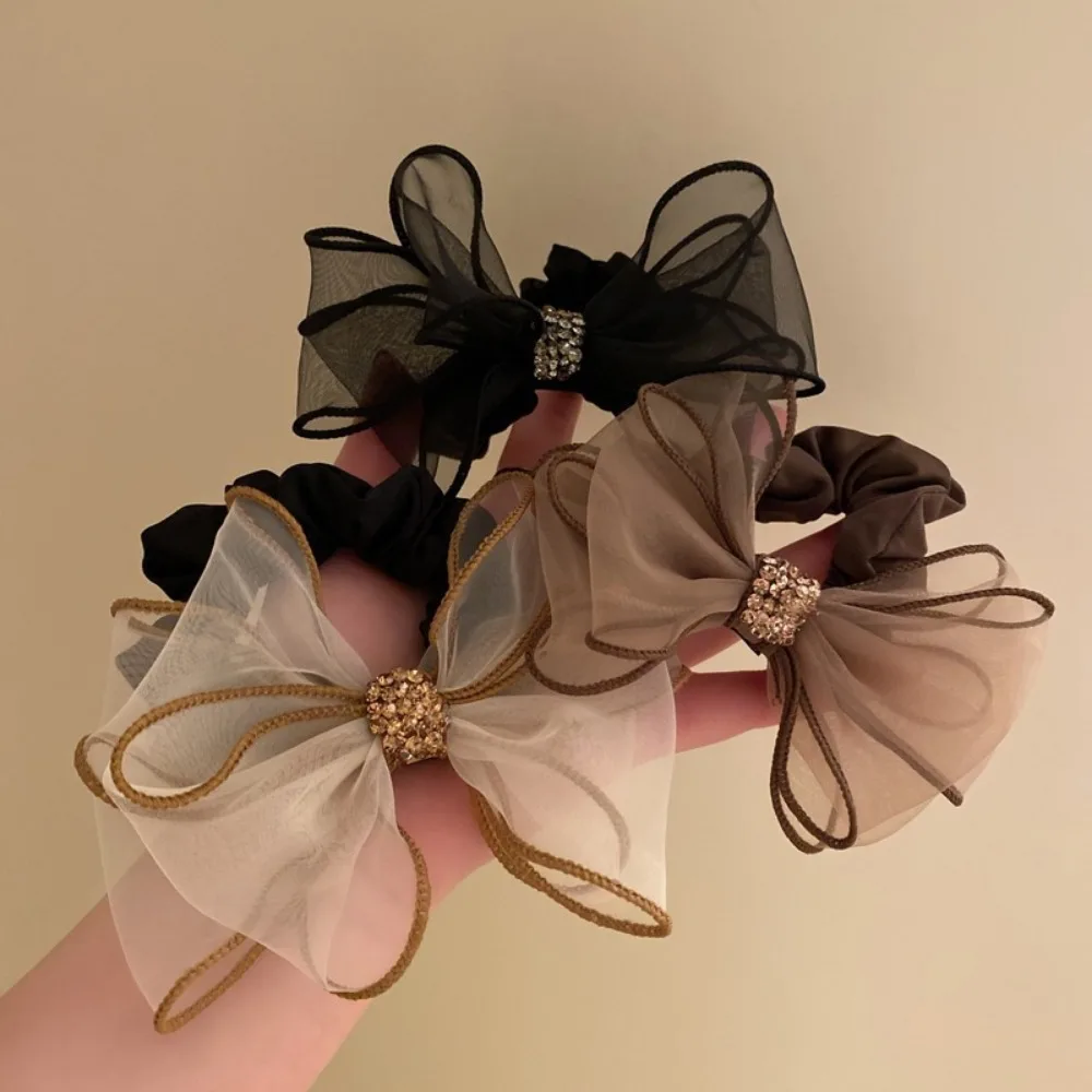 New Mesh Rhinestone Bow Hair Ties Scrunchies Women Girls Elastic Hair Bands Headwear Ribbon Bowknot Ponytail Hair Accessories view 4
