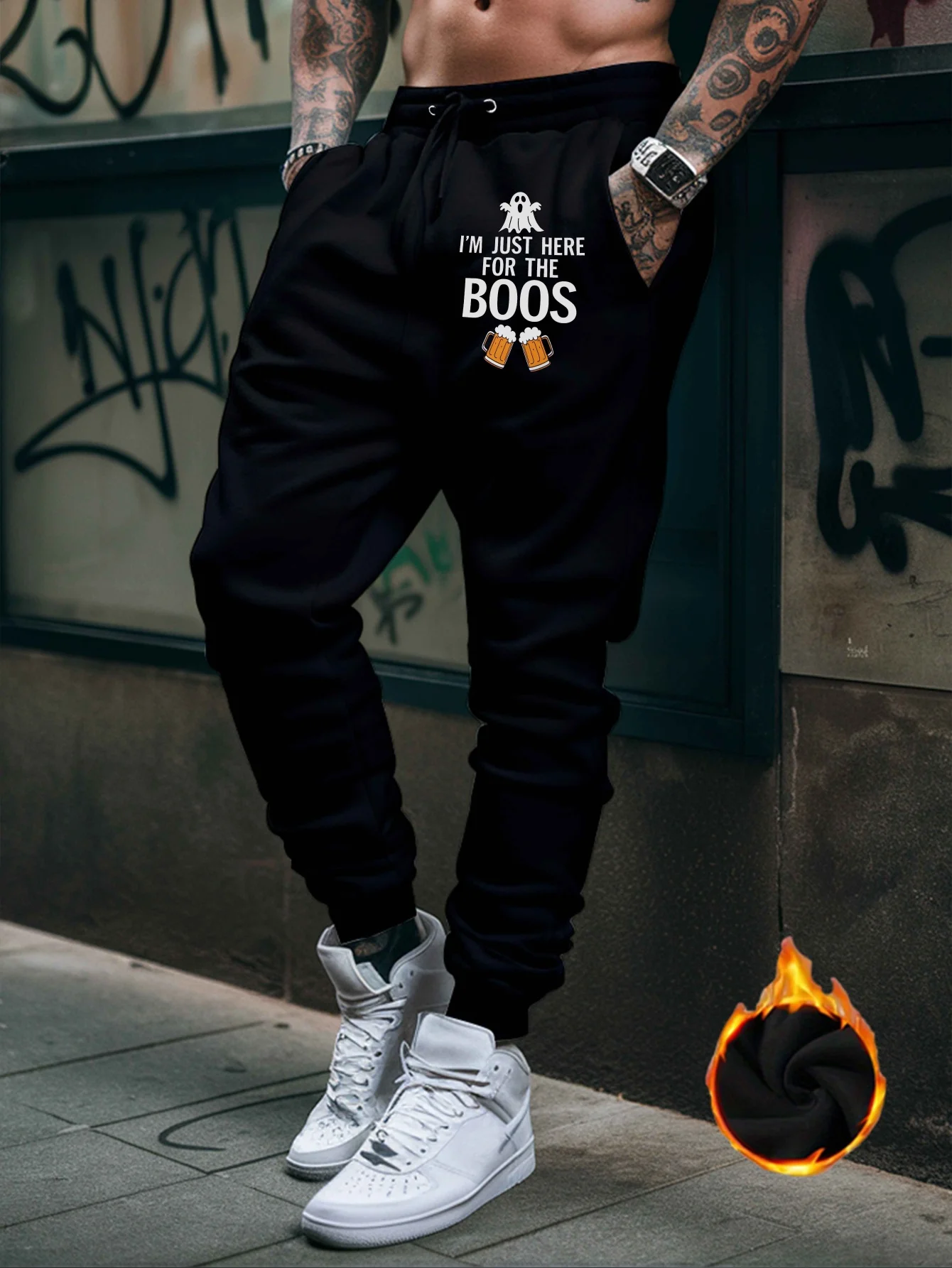 Playful‑street ghost‑beer funny‑slogan graphic relaxed loose cut sweatpants men hip hop sports casual jogger pants
