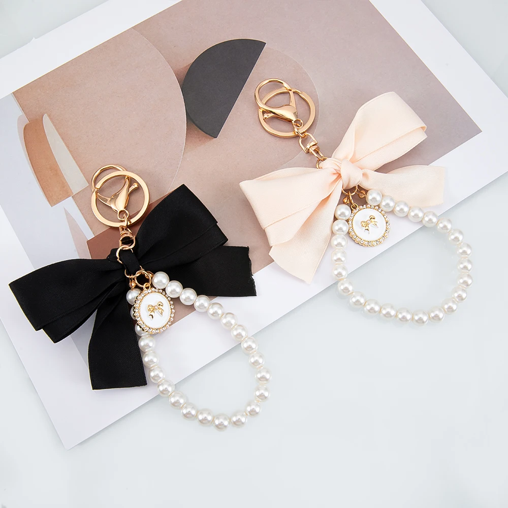 1pc 2pcs Colorful Fabrics Bownot Pendant Phone Charms Imitated Pearl String Keychain Bag Strap Cellphone Lanyard Keyring Jewelry