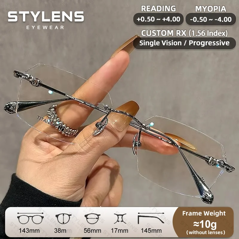 STYLENS Rectangle Titanium Rimless Reading Glasses Women Anti Blue Ray Myopia Glasses Anti-Reflective Texture Hyperopia Glasses